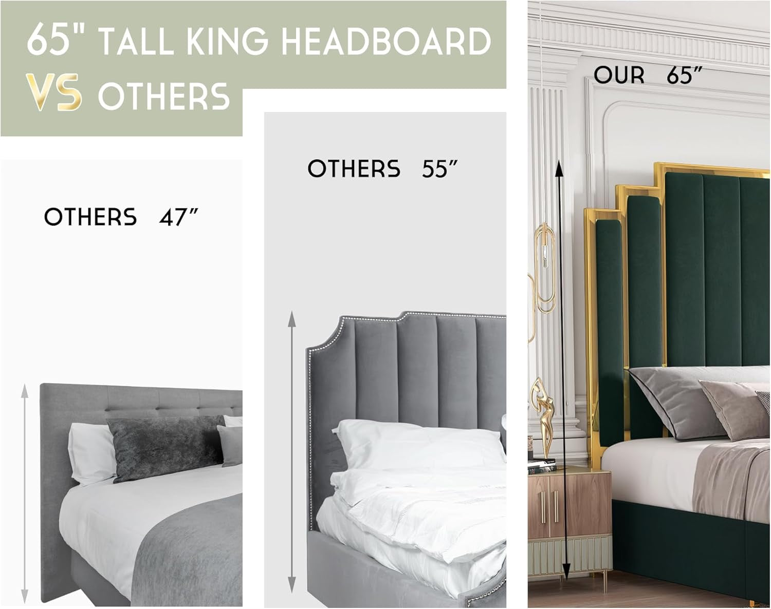 HOWE King Size Upholstered Bed Frame | 65″ Headboard with Gold Trim (Green)