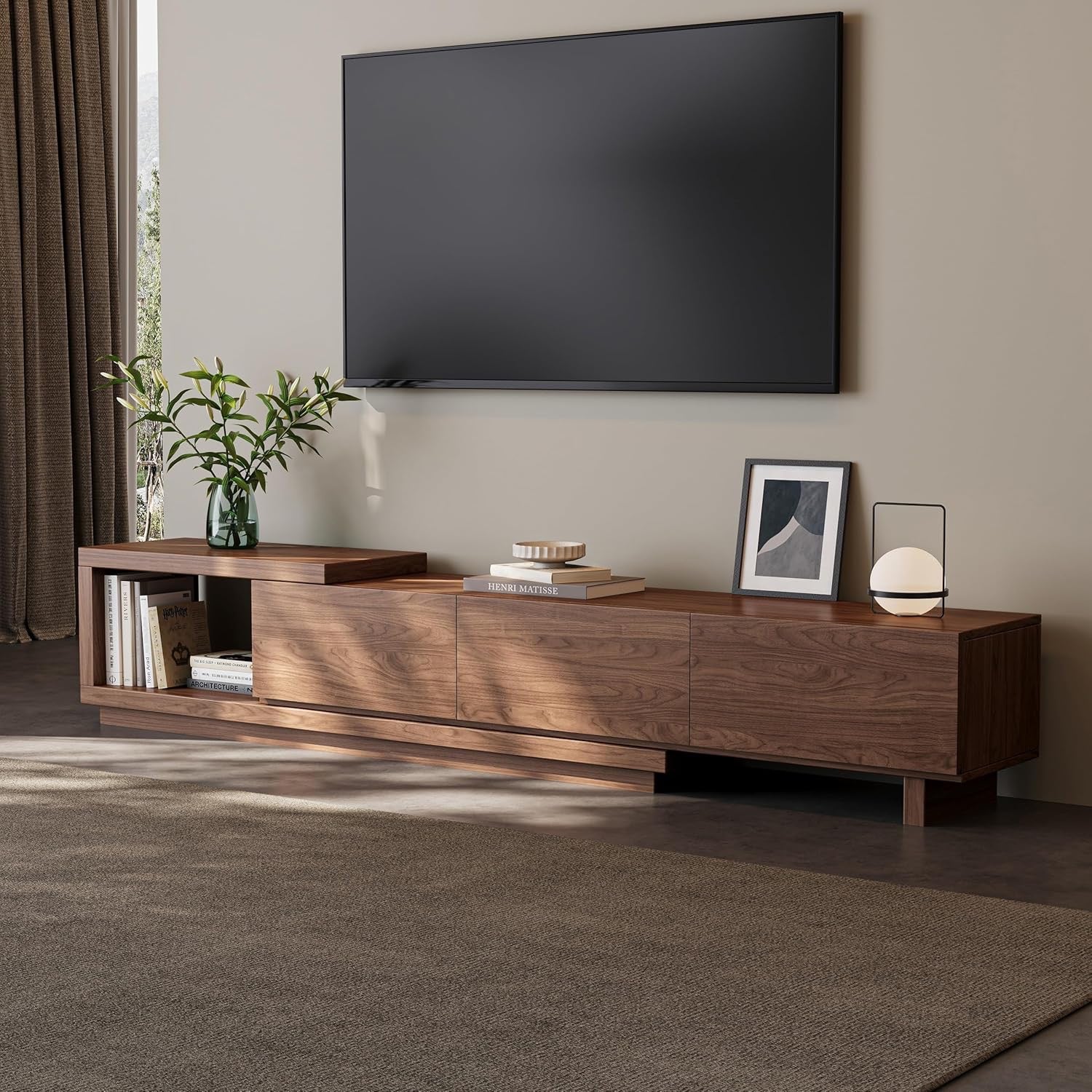 Extendable Walnut TV Stand 68.5”–98.4” | Modern Entertainment Console for 65–100” TVs with 3 Drawers