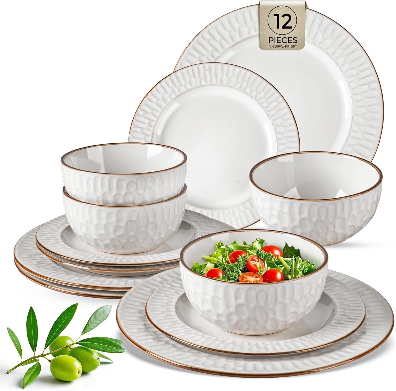 GBHOME Ceramic Dinnerware Set (12-Piece) | Embossed Stoneware Plates & Bowls Service for 4