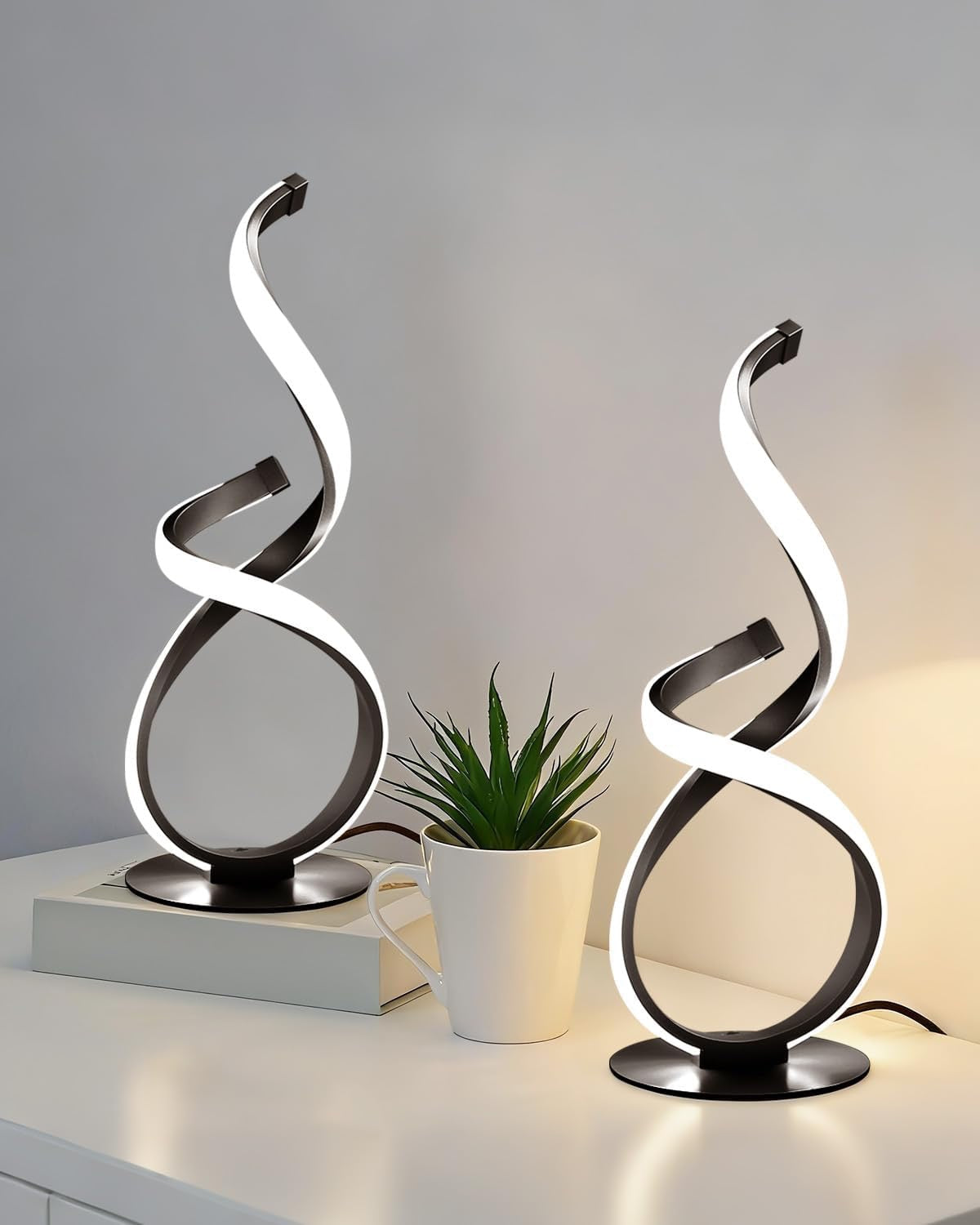 2 Pack Modern Touch Spiral LED Table Lamps | Dimmable 3 Color Temperature Nightstand Lamps Unique Black Bedside Lighting