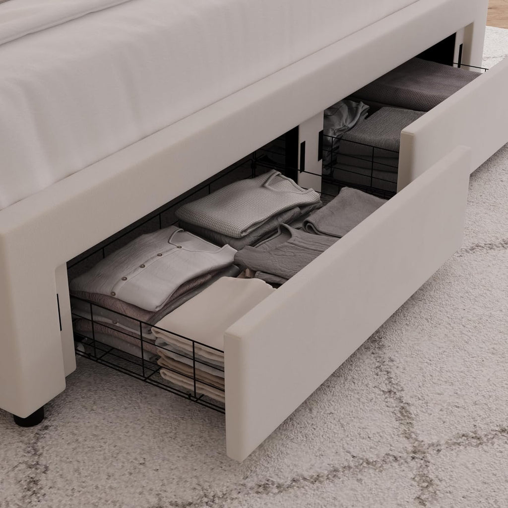 HITHOS Full Upholstered LED Platform Bed Frame | Beige Velvet Wingback Bed with Storage Drawers