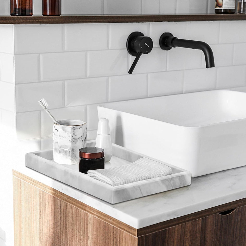 Natural Marble Bathroom Vanity Tray | Solid White Stone Organizer (12” x 8”)