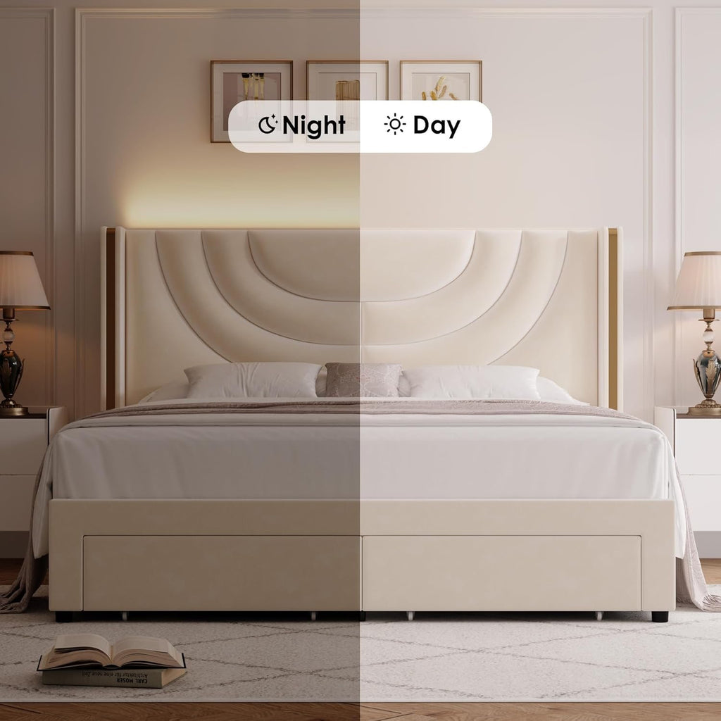 HITHOS Full Upholstered LED Platform Bed Frame | Beige Velvet Wingback Bed with Storage Drawers