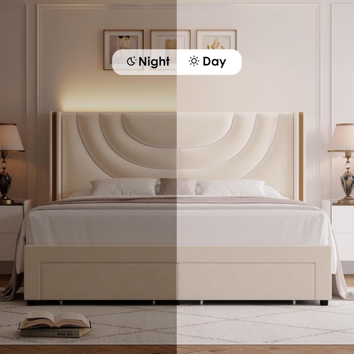 HITHOS Full Upholstered LED Platform Bed Frame | Beige Velvet Wingback Bed with Storage Drawers