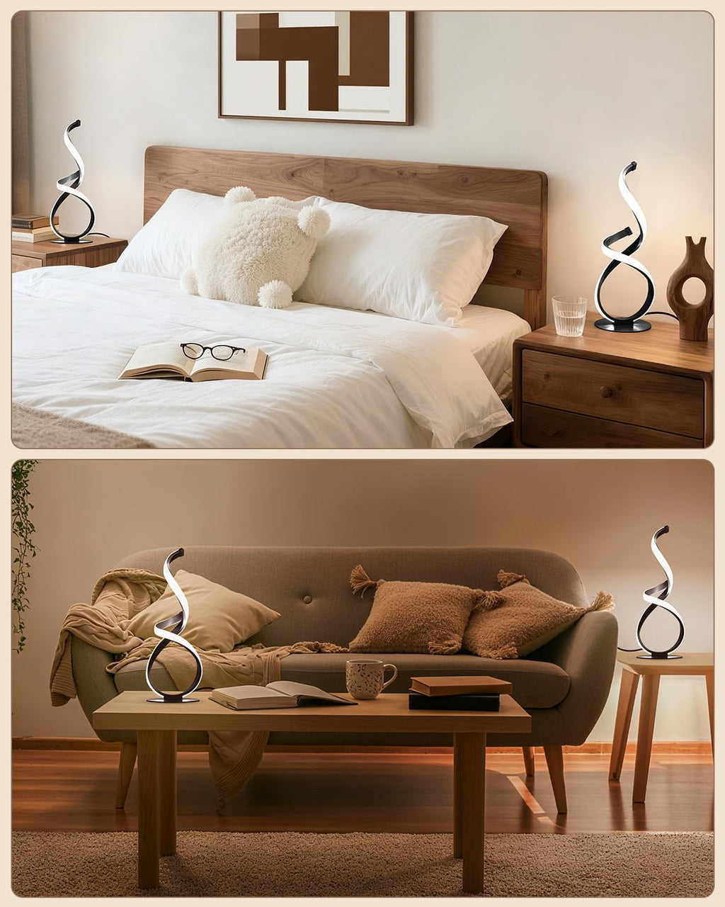 2 Pack Modern Touch Spiral LED Table Lamps | Dimmable 3 Color Temperature Nightstand Lamps Unique Black Bedside Lighting