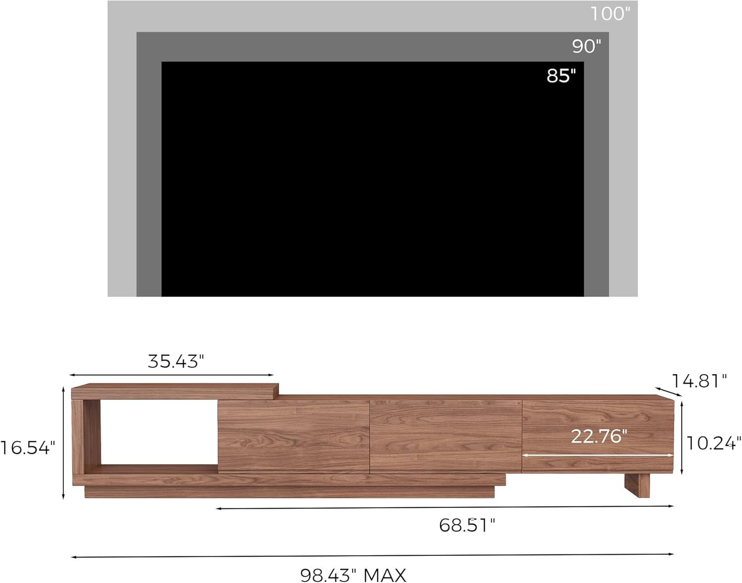 Extendable Walnut TV Stand 68.5”–98.4” | Modern Entertainment Console for 65–100” TVs with 3 Drawers