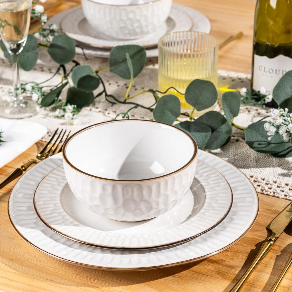 GBHOME Ceramic Dinnerware Set (12-Piece) | Embossed Stoneware Plates & Bowls Service for 4