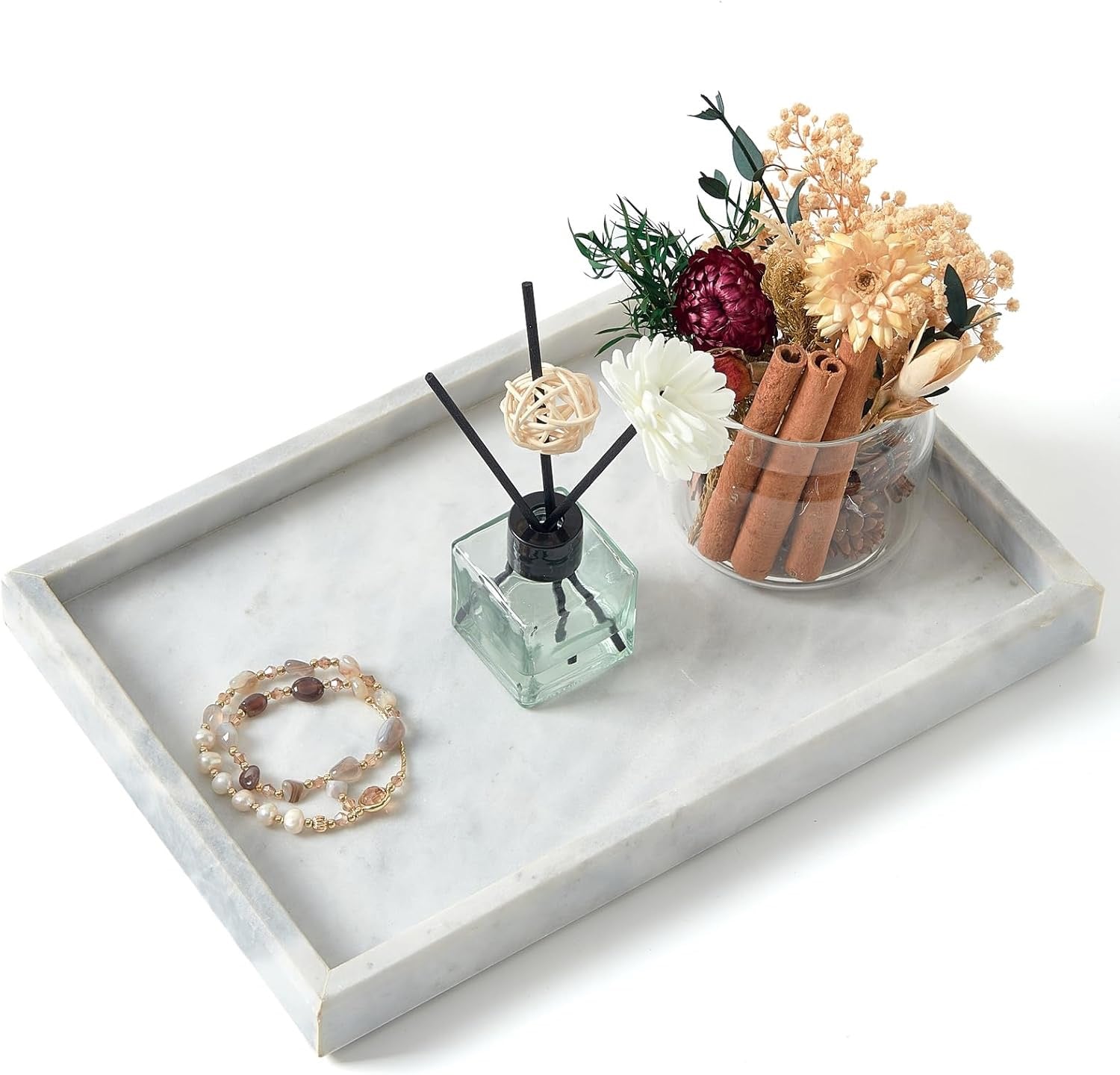 Natural Marble Bathroom Vanity Tray | Solid White Stone Organizer (12” x 8”)