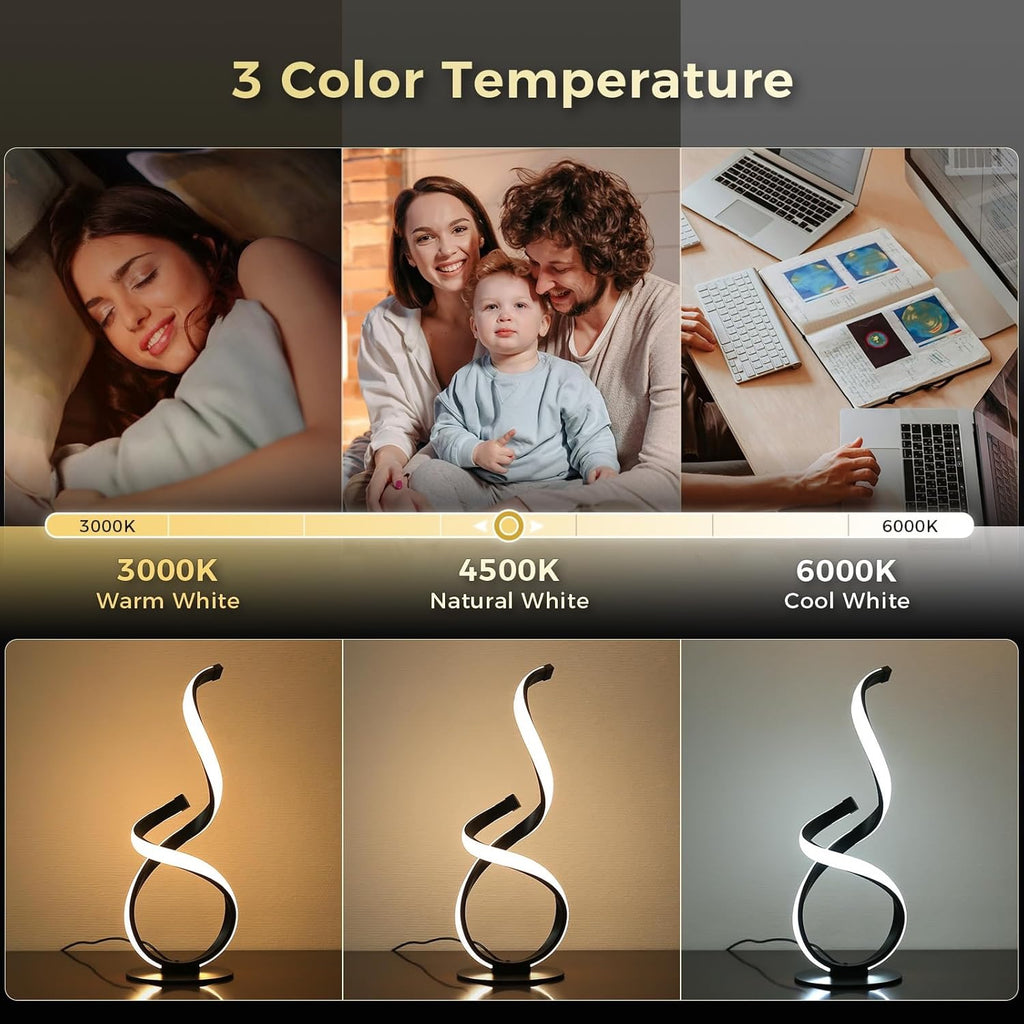 2 Pack Modern Touch Spiral LED Table Lamps | Dimmable 3 Color Temperature Nightstand Lamps Unique Black Bedside Lighting