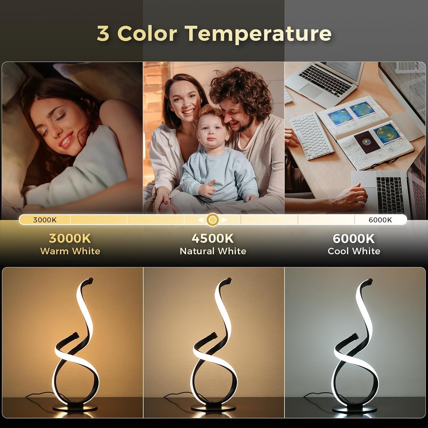 2 Pack Modern Touch Spiral LED Table Lamps | Dimmable 3 Color Temperature Nightstand Lamps Unique Black Bedside Lighting