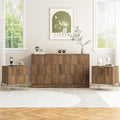3-Piece Mid-Century Bedroom Set | 7-Drawer Dresser & Two Nightstands with Gold Handles (Natural Wood)