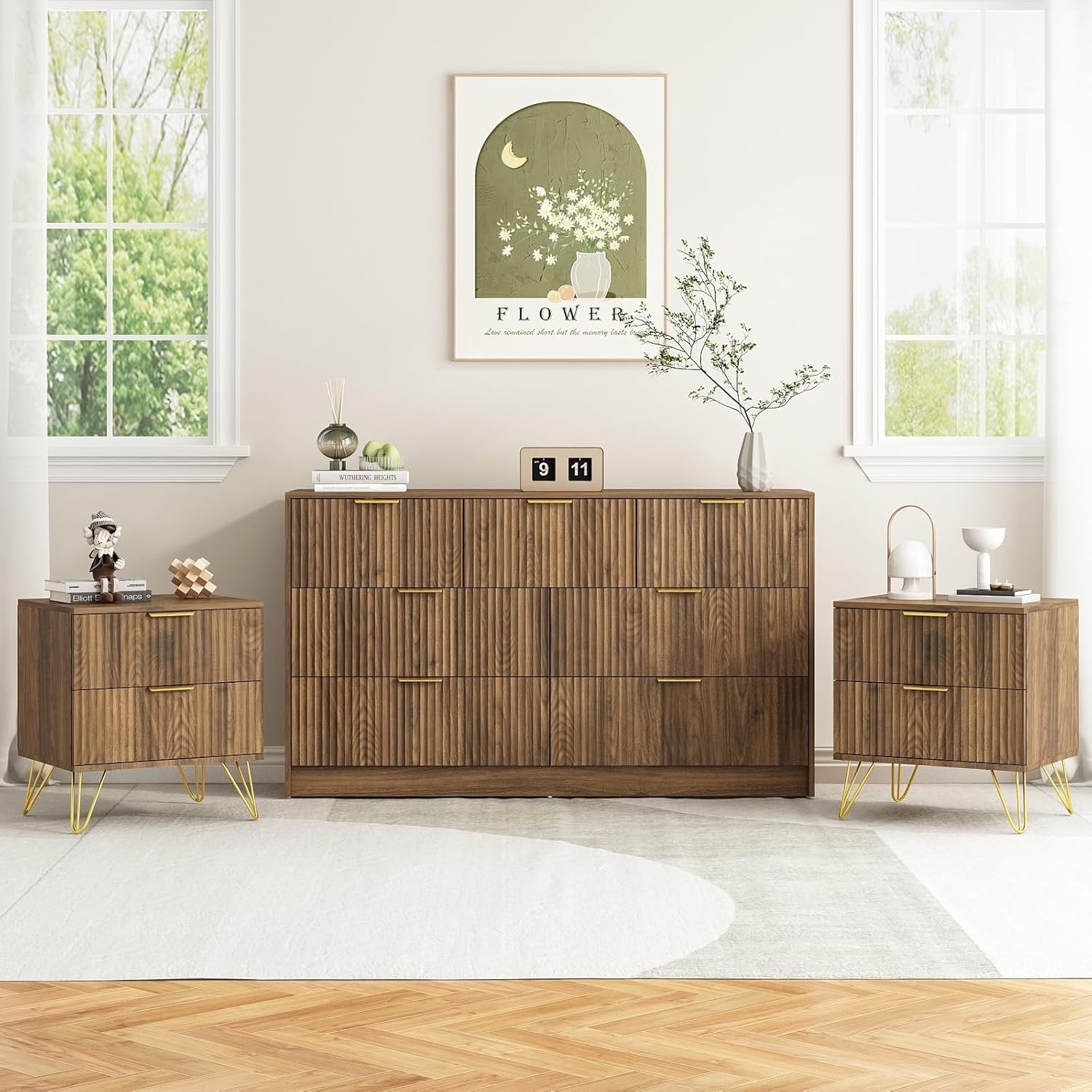 3-Piece Mid-Century Bedroom Set | 7-Drawer Dresser & Two Nightstands with Gold Handles (Natural Wood)