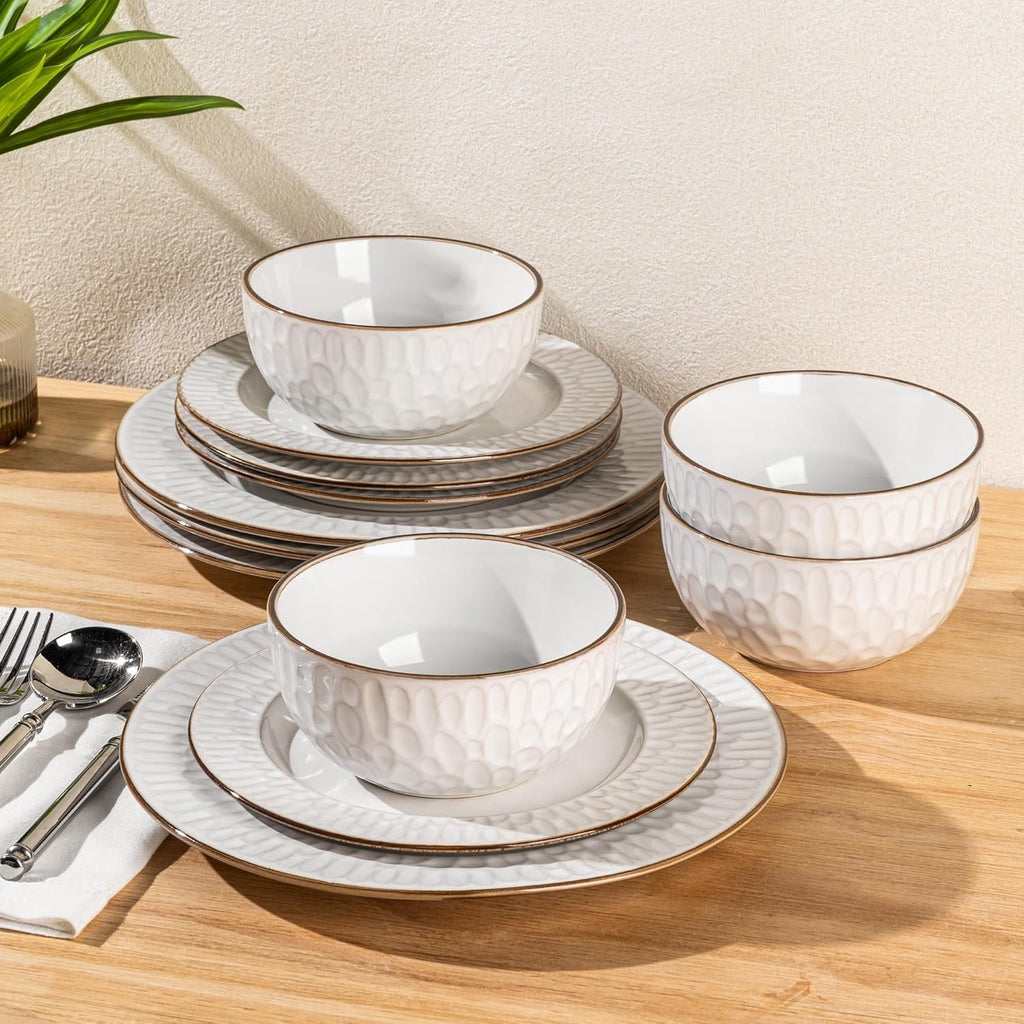 GBHOME Ceramic Dinnerware Set (12-Piece) | Embossed Stoneware Plates & Bowls Service for 4