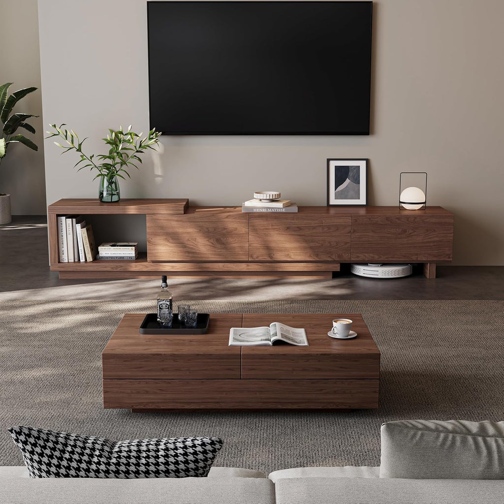 Extendable Walnut TV Stand 68.5”–98.4” | Modern Entertainment Console for 65–100” TVs with 3 Drawers