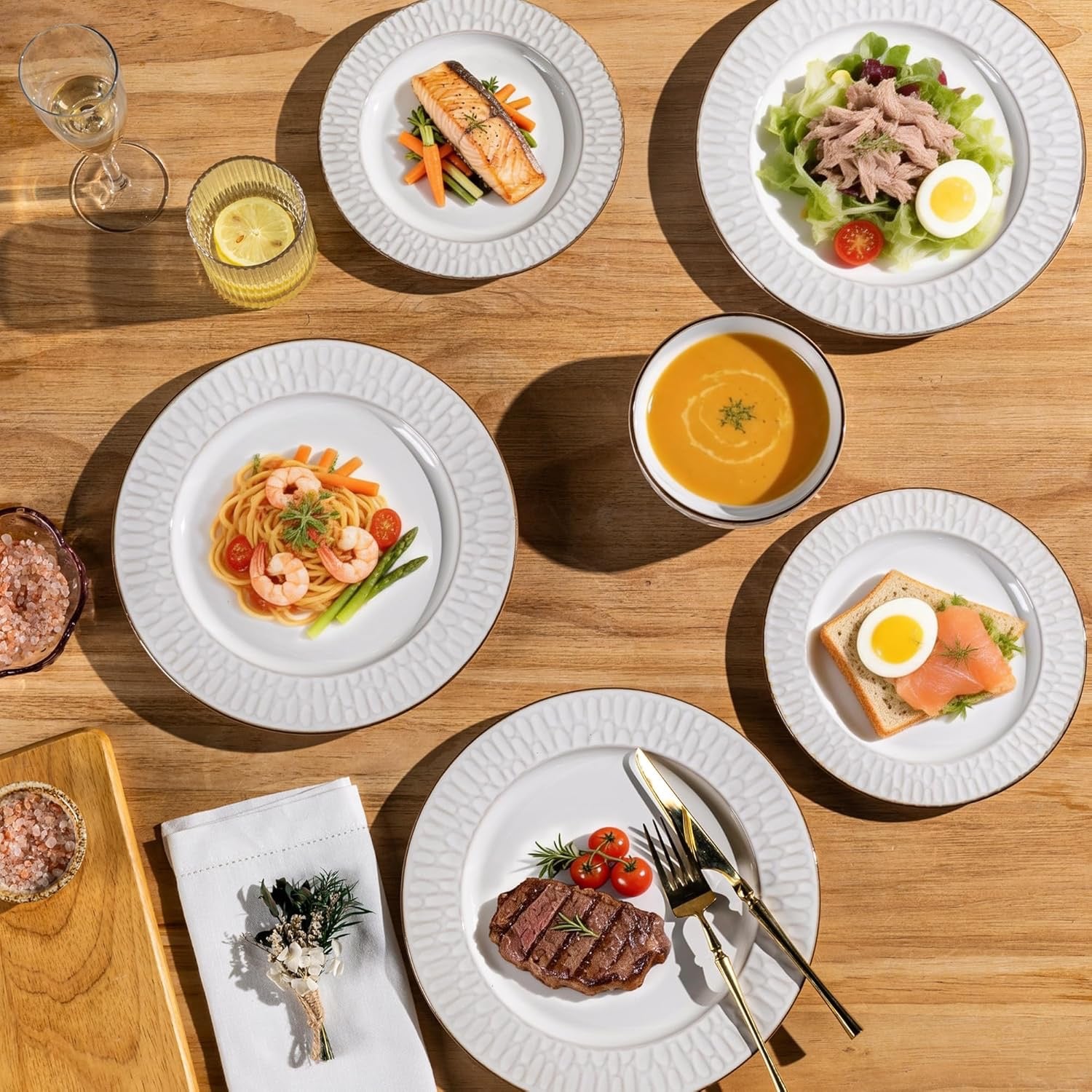 GBHOME Ceramic Dinnerware Set (12-Piece) | Embossed Stoneware Plates & Bowls Service for 4