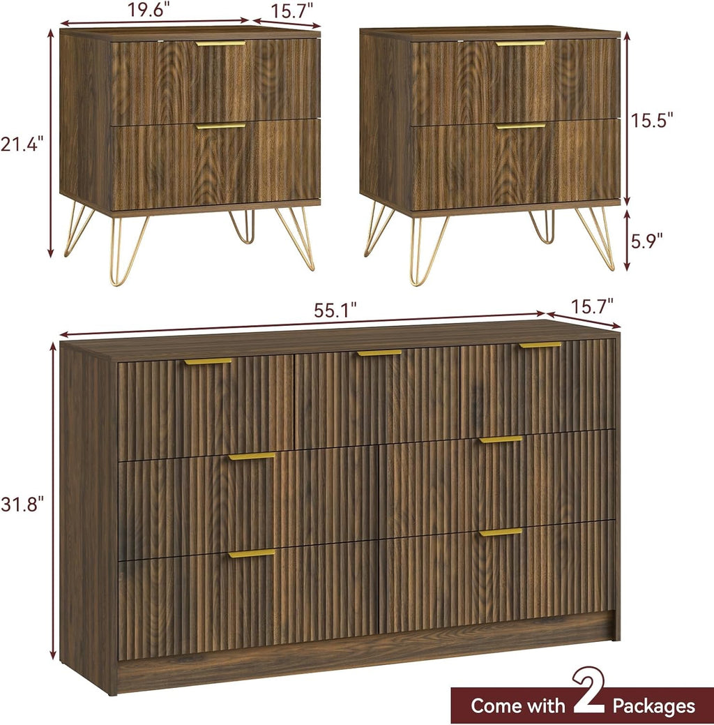 3-Piece Mid-Century Bedroom Set | 7-Drawer Dresser & Two Nightstands with Gold Handles (Natural Wood)