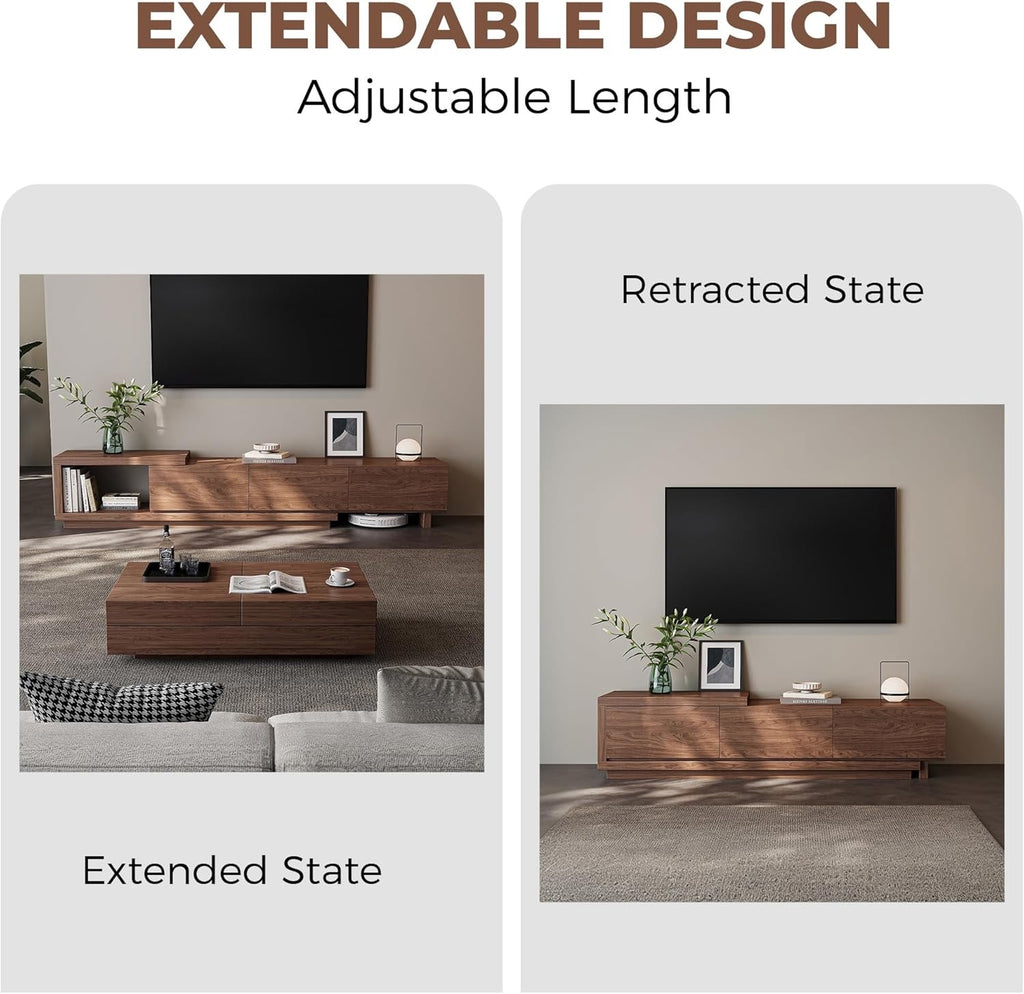 Extendable Walnut TV Stand 68.5”–98.4” | Modern Entertainment Console for 65–100” TVs with 3 Drawers
