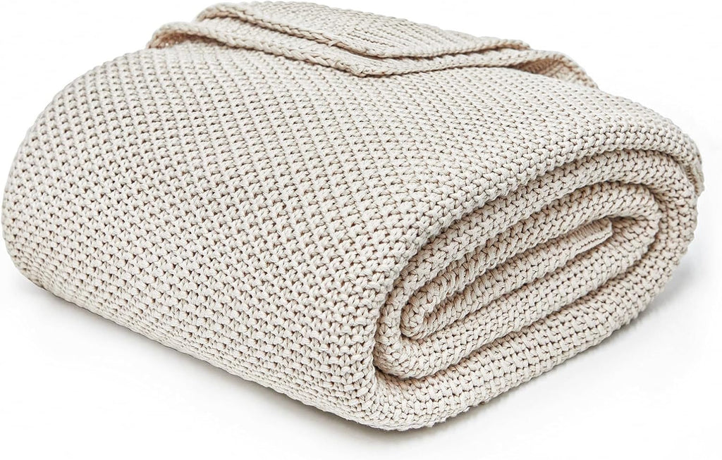 Joydeco Chunky Cable Knit Throw Blanket | Organic Cotton Cozy Knit Blanket (Beige, 51” x 63”)