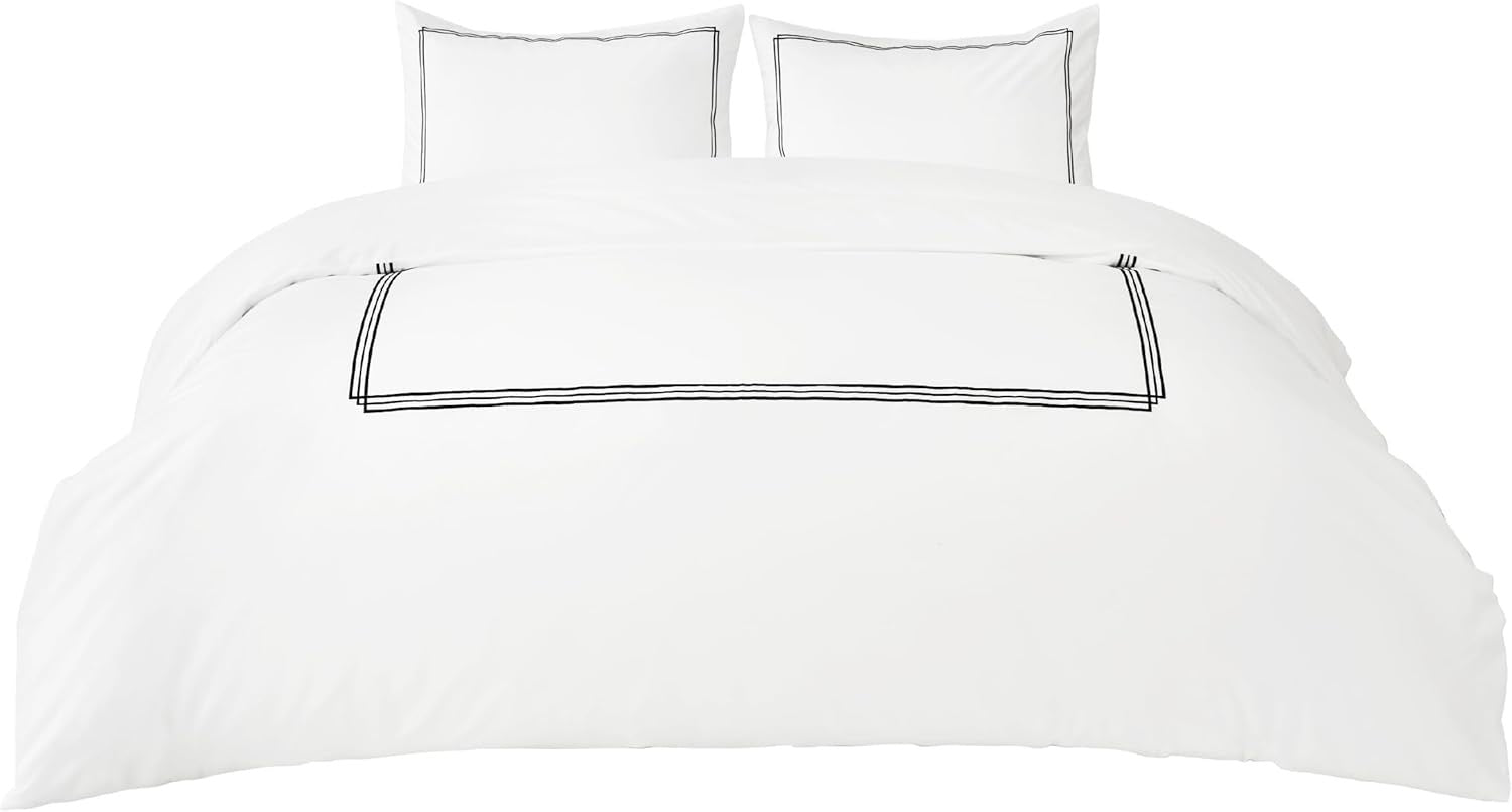 Bedsure Luxury Hotel Cotton Duvet Cover Set | White Frame Embroidery Bedding – Queen