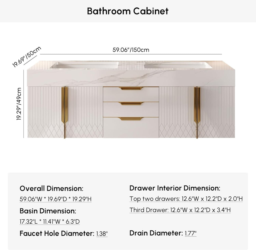 Homary 60 Inch Floating Bathroom Vanity Double Sink | Modern Wall Mounted Vanity with Sintered Stone Top White