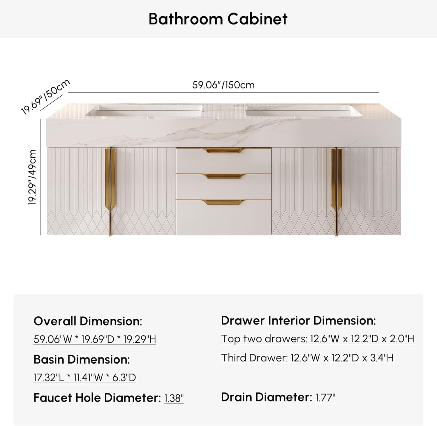 Homary 60 Inch Floating Bathroom Vanity Double Sink | Modern Wall Mounted Vanity with Sintered Stone Top White