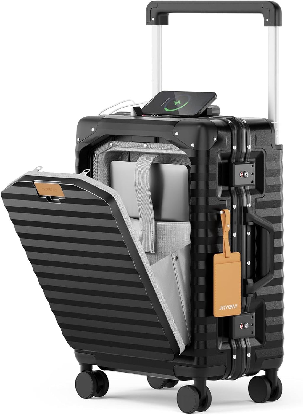 Joyway 20 Inch Carry On Luggage Aluminum Frame | Front Pocket Hardshell Suitcase with USB Port Cup Holder TSA Lock