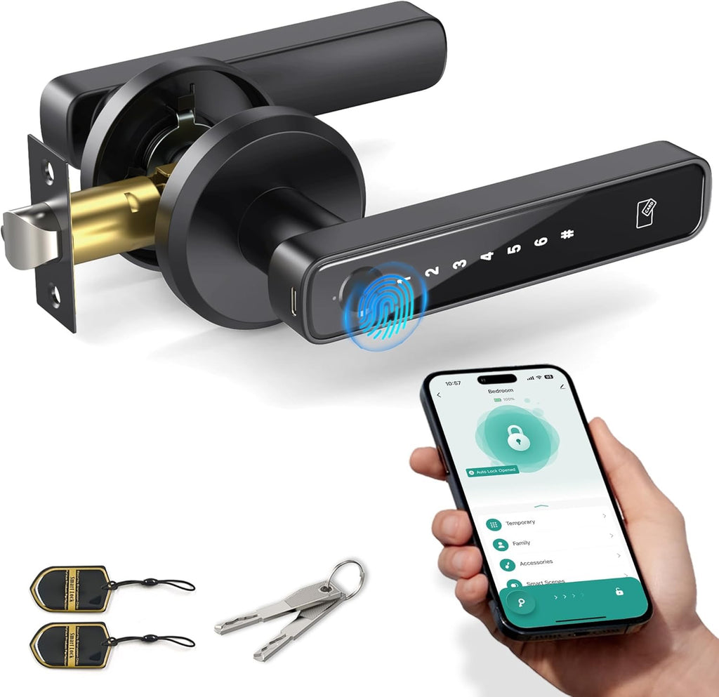 Asidrama Smart Fingerprint Door Lock | Keyless Entry Biometric Keypad Handle with App Access (Black)