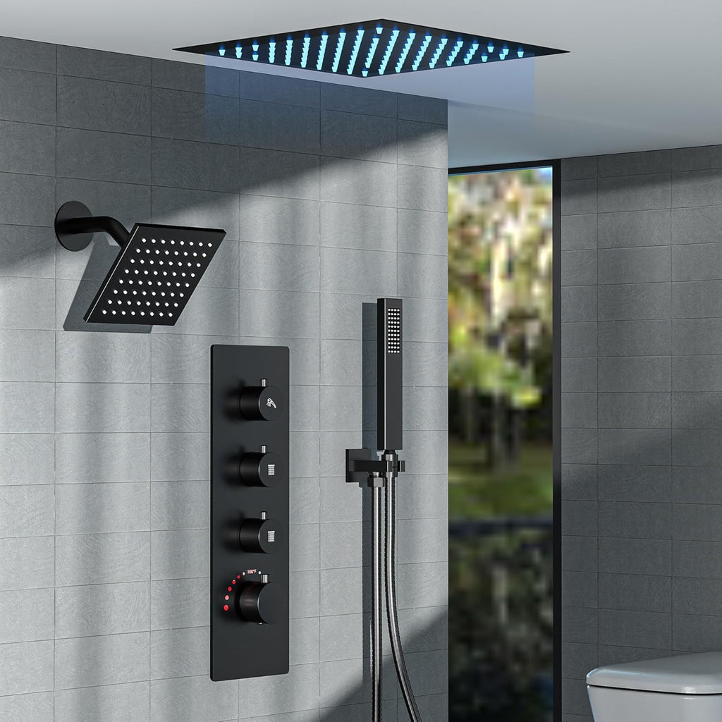 12” Ceiling Mount LED Rainfall Shower System | Matte Black Dual Shower Head with 64-Color Mood Lighting