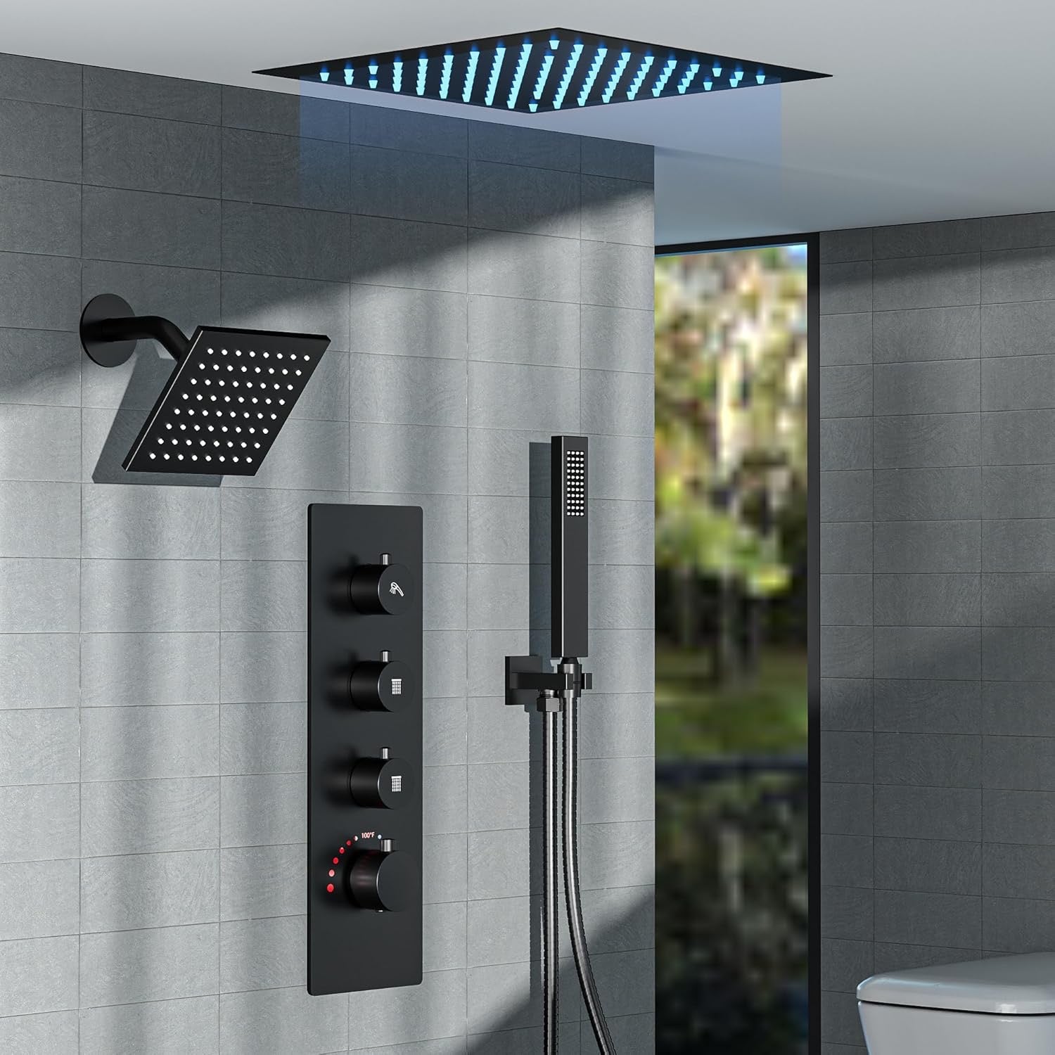 12” Ceiling Mount LED Rainfall Shower System | Matte Black Dual Shower Head with 64-Color Mood Lighting