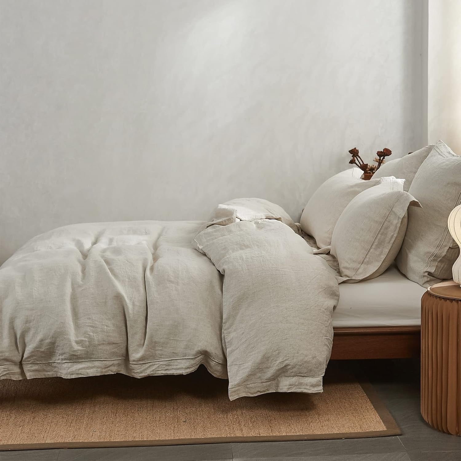 Simple&Opulence Washed Linen Duvet Cover Set | Natural Linen King 3-Piece Embroidered Bedding
