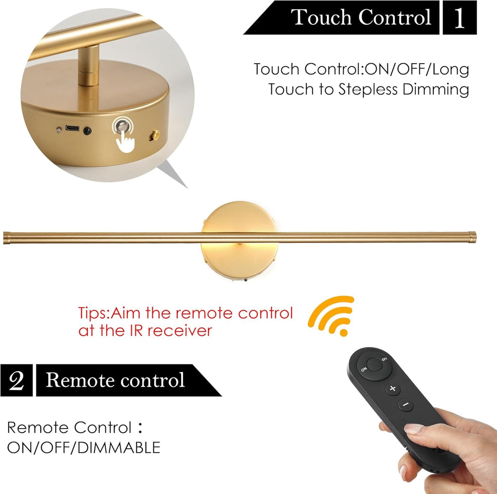 Battery-Operated Gold Wall Sconces with Remote (Set of 2) | Dimmable 3000K LED, Rotatable Design