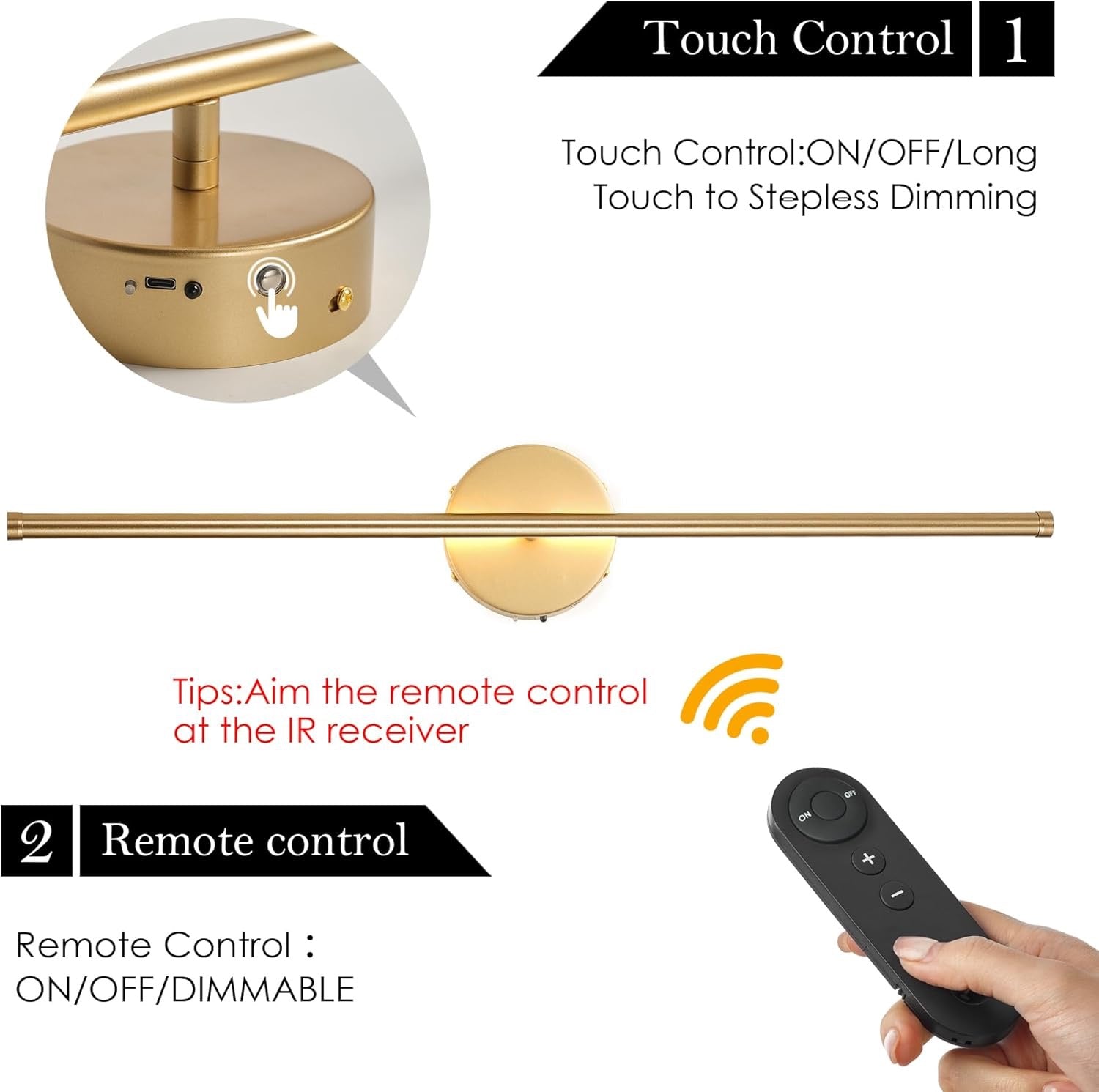 Battery-Operated Gold Wall Sconces with Remote (Set of 2) | Dimmable 3000K LED, Rotatable Design