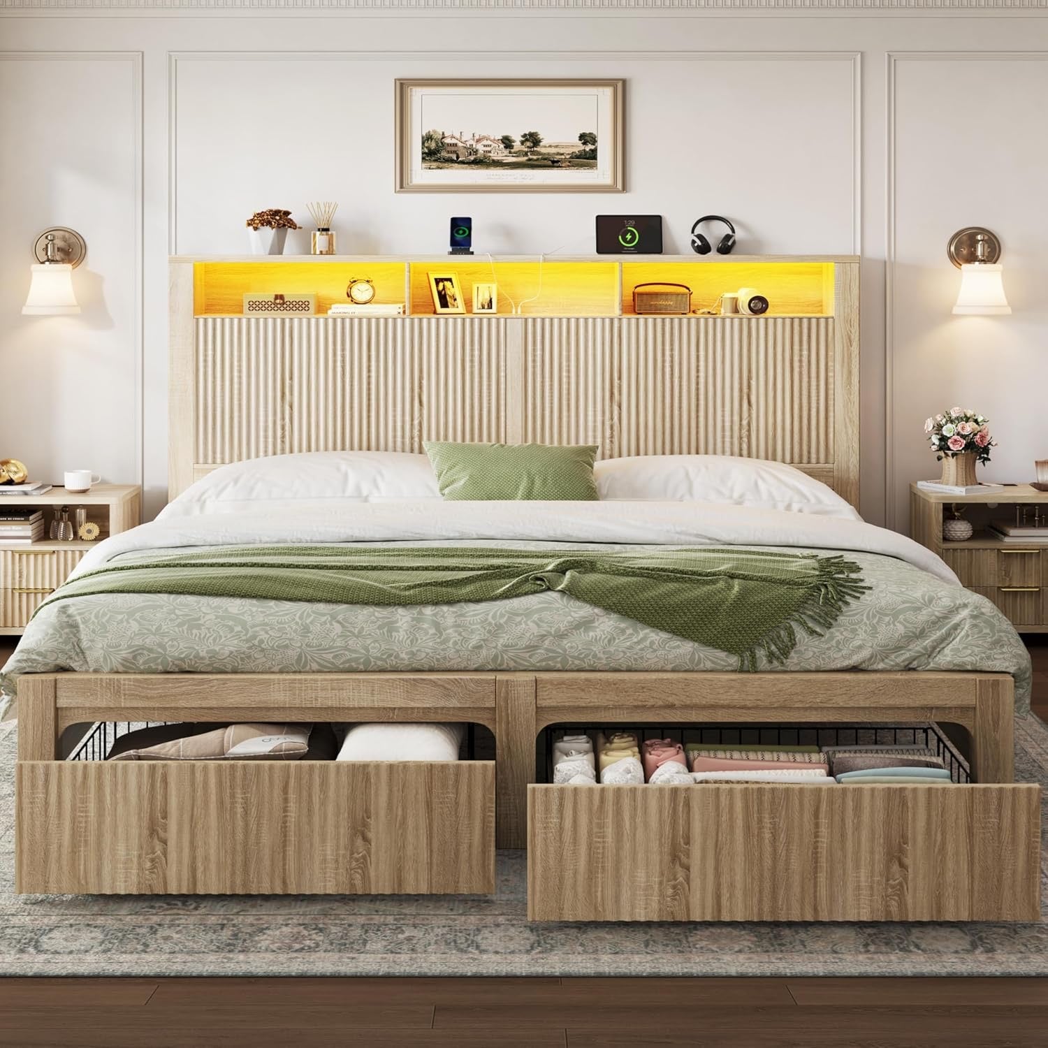 CypBed King Storage Bed Frame | Wood Platform Bed with LED Headboard & Charging Station