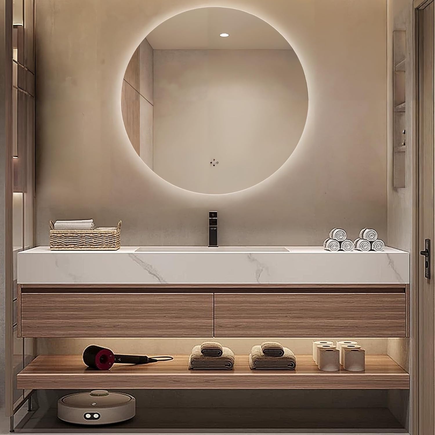 Floating Wood Bathroom Vanity – 36" with LED Mirror | Marble Countertop | 2 Deep Drawers + Open Shelf