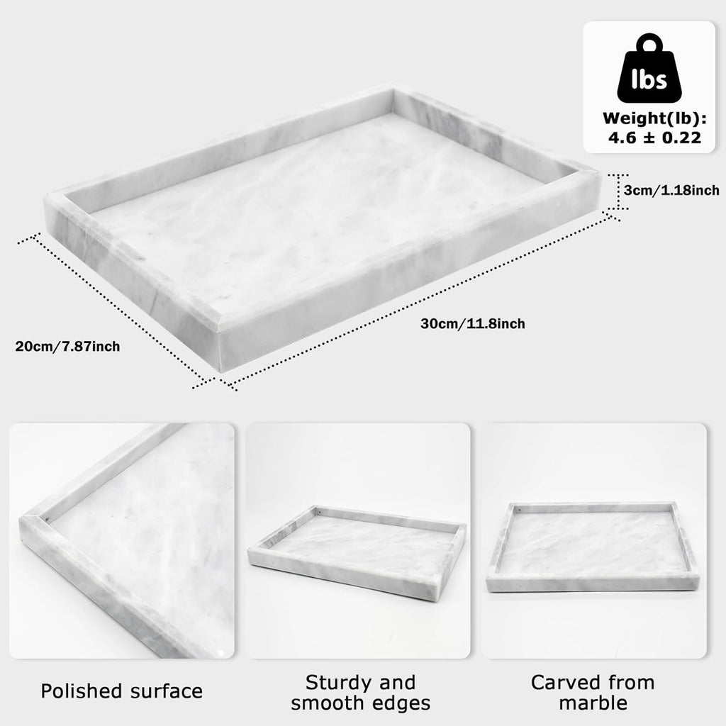 Natural Marble Bathroom Vanity Tray | Solid White Stone Organizer (12” x 8”)