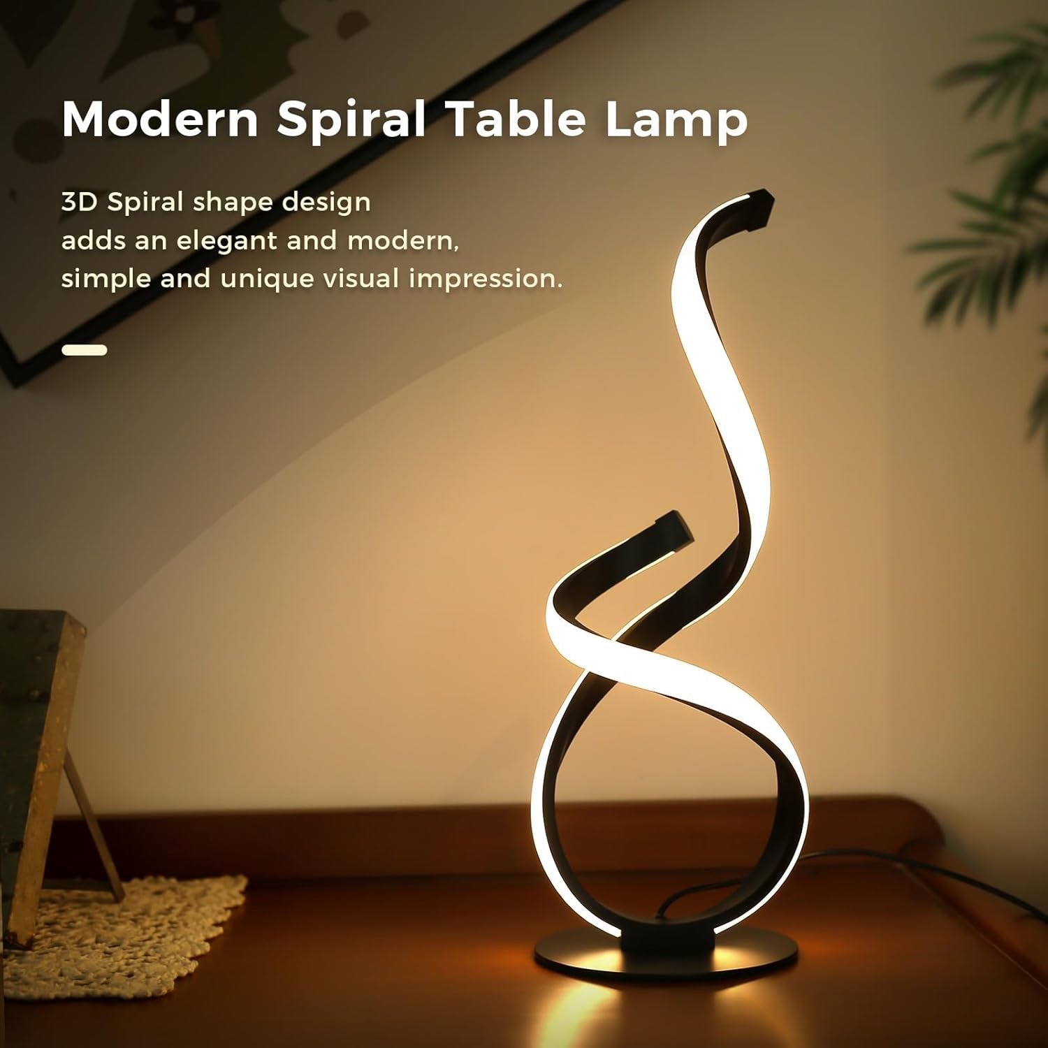2 Pack Modern Touch Spiral LED Table Lamps | Dimmable 3 Color Temperature Nightstand Lamps Unique Black Bedside Lighting