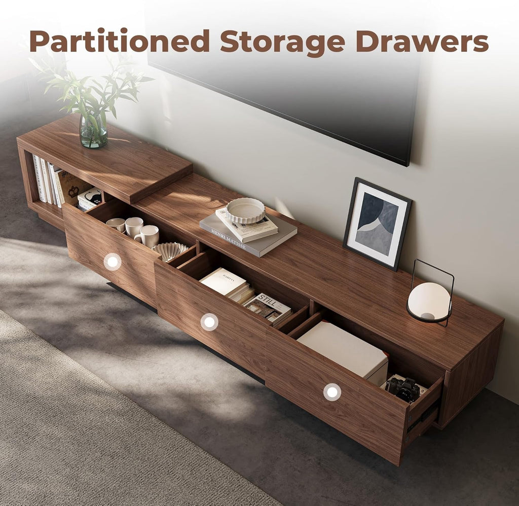 Extendable Walnut TV Stand 68.5”–98.4” | Modern Entertainment Console for 65–100” TVs with 3 Drawers