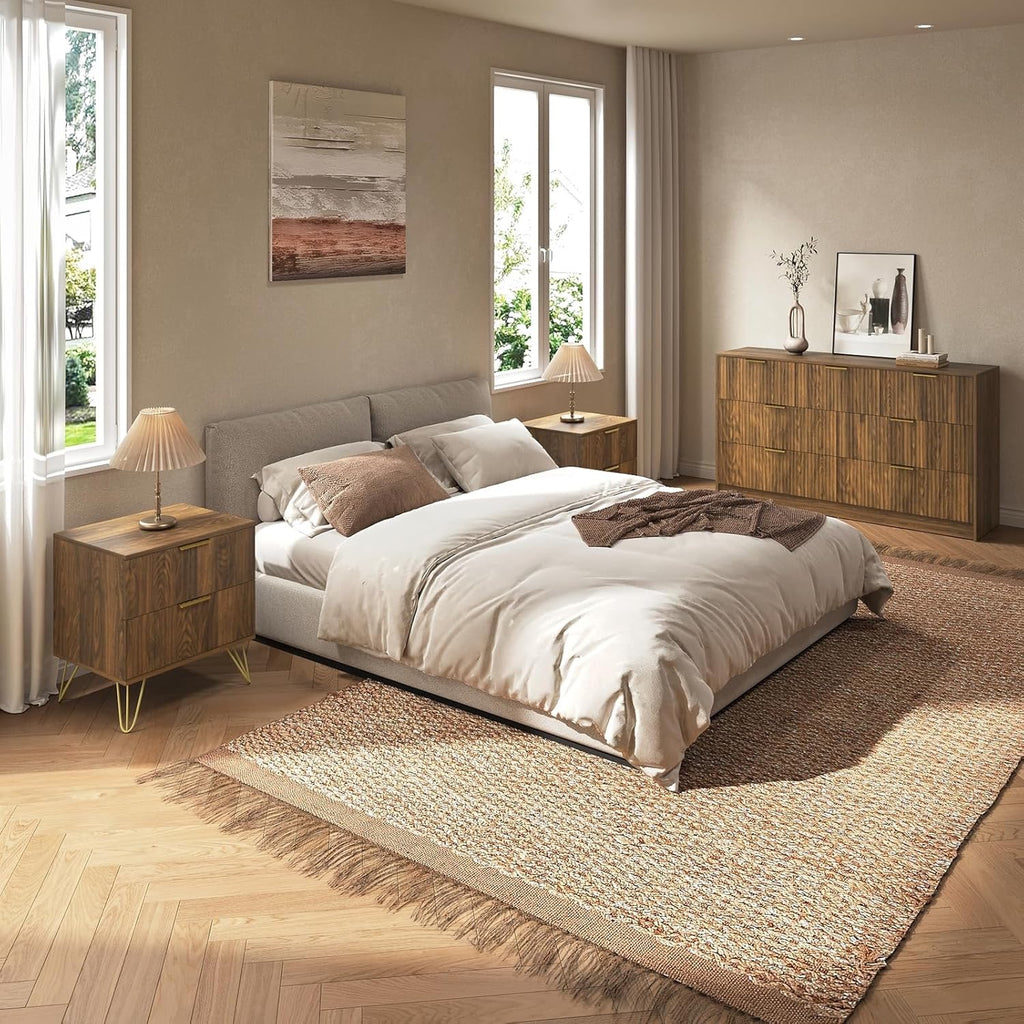 3-Piece Mid-Century Bedroom Set | 7-Drawer Dresser & Two Nightstands with Gold Handles (Natural Wood)