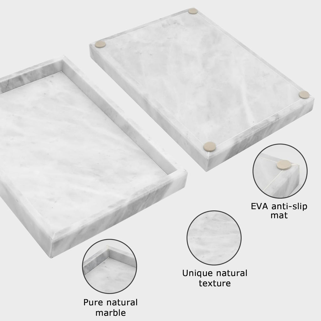 Natural Marble Bathroom Vanity Tray | Solid White Stone Organizer (12” x 8”)
