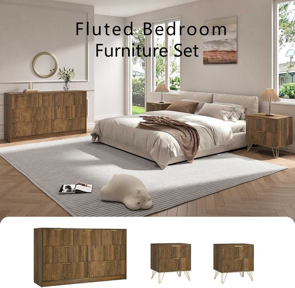 3-Piece Mid-Century Bedroom Set | 7-Drawer Dresser & Two Nightstands with Gold Handles (Natural Wood)