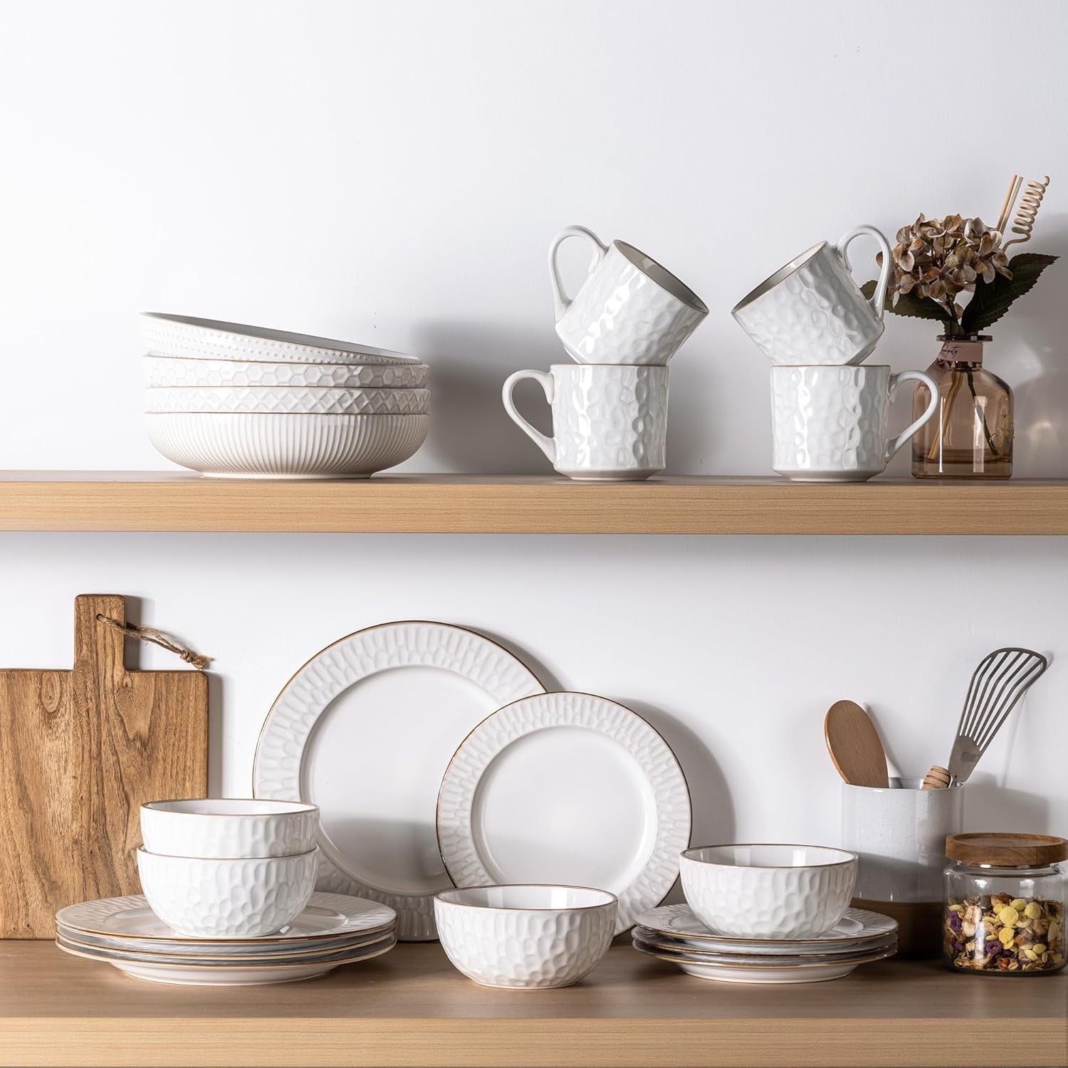 GBHOME Ceramic Dinnerware Set (12-Piece) | Embossed Stoneware Plates & Bowls Service for 4