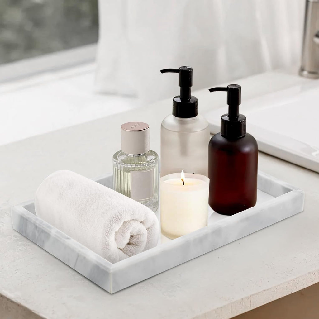 Natural Marble Bathroom Vanity Tray | Solid White Stone Organizer (12” x 8”)