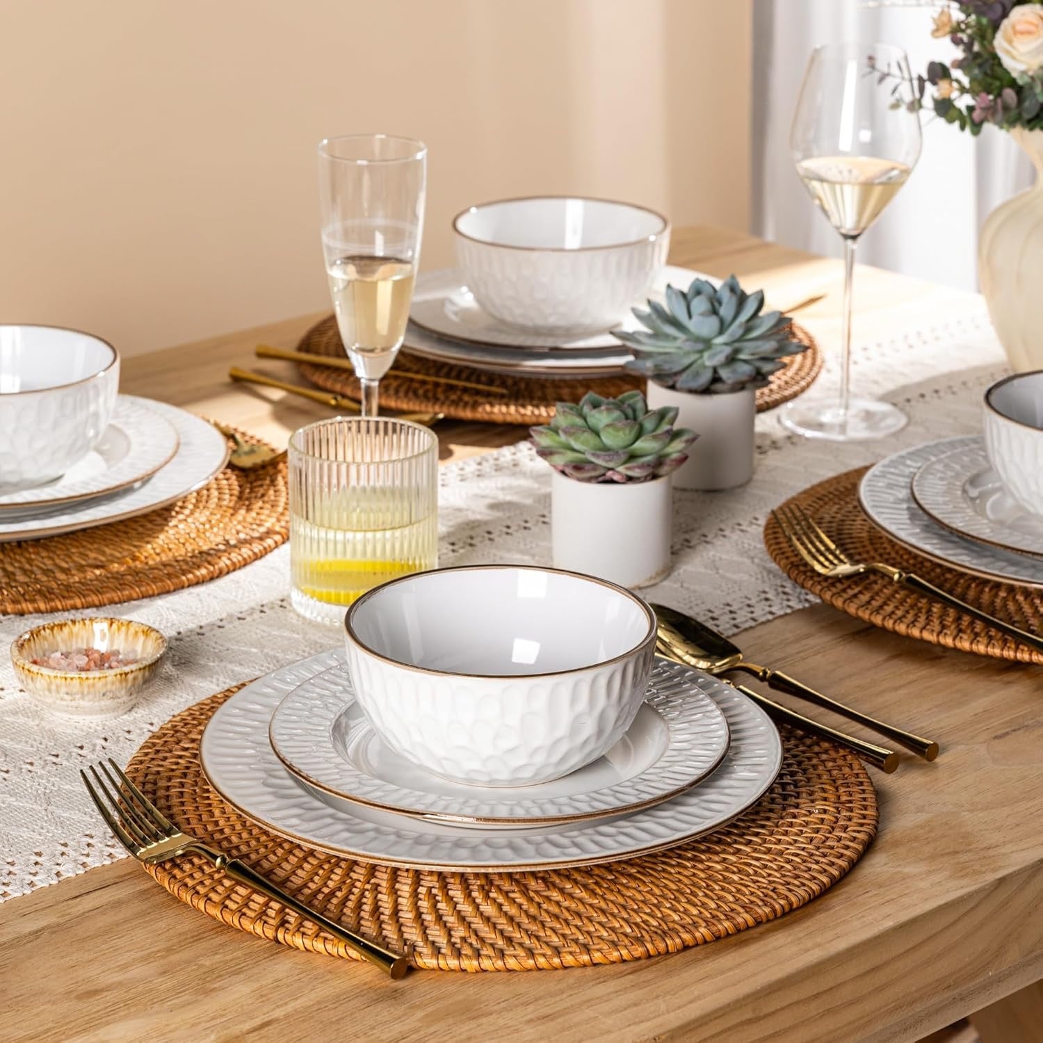 GBHOME Ceramic Dinnerware Set (12-Piece) | Embossed Stoneware Plates & Bowls Service for 4