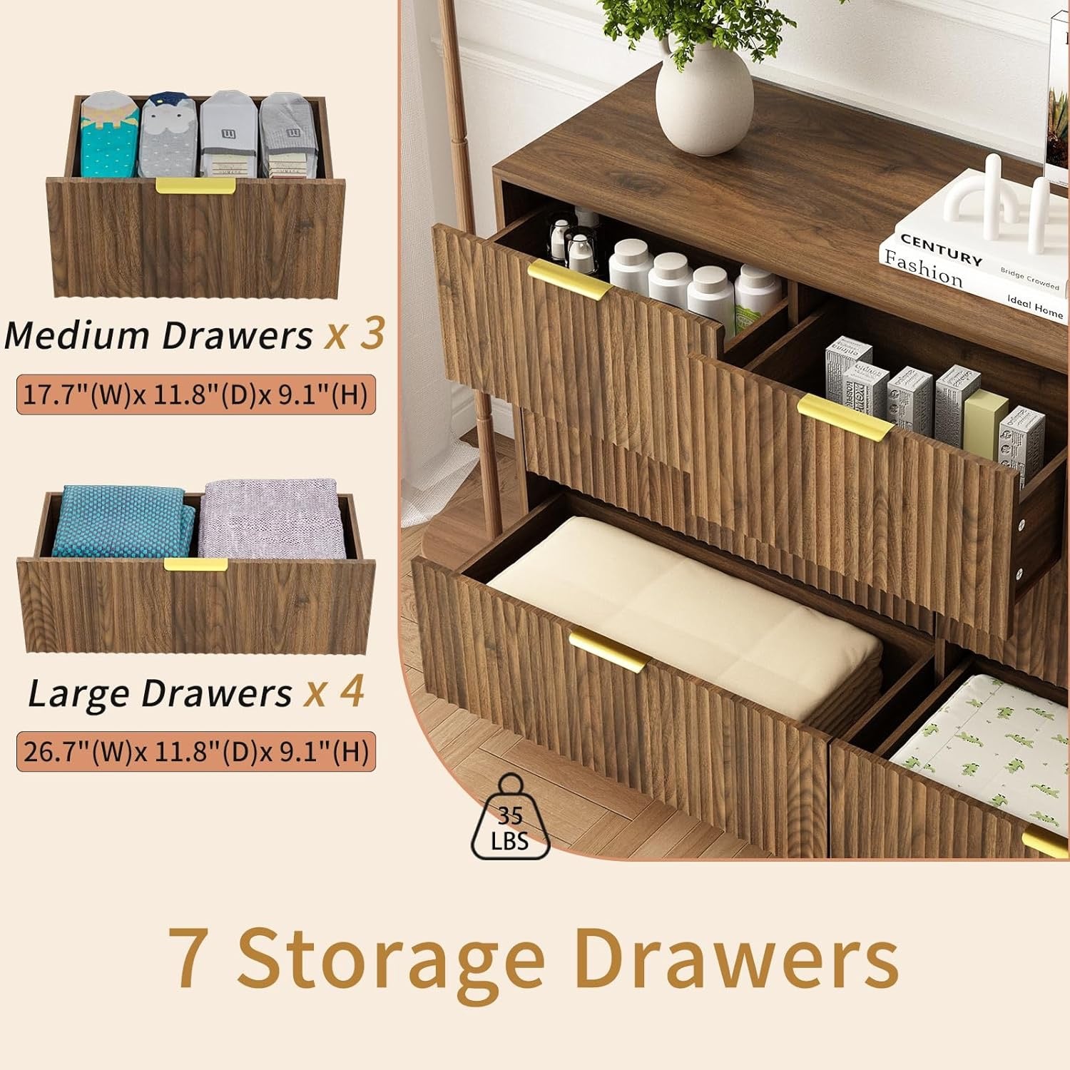 3-Piece Mid-Century Bedroom Set | 7-Drawer Dresser & Two Nightstands with Gold Handles (Natural Wood)