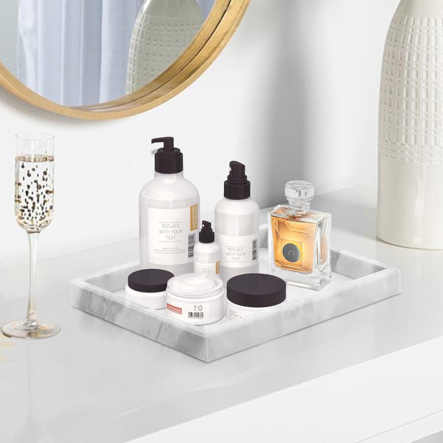 Natural Marble Bathroom Vanity Tray | Solid White Stone Organizer (12” x 8”)