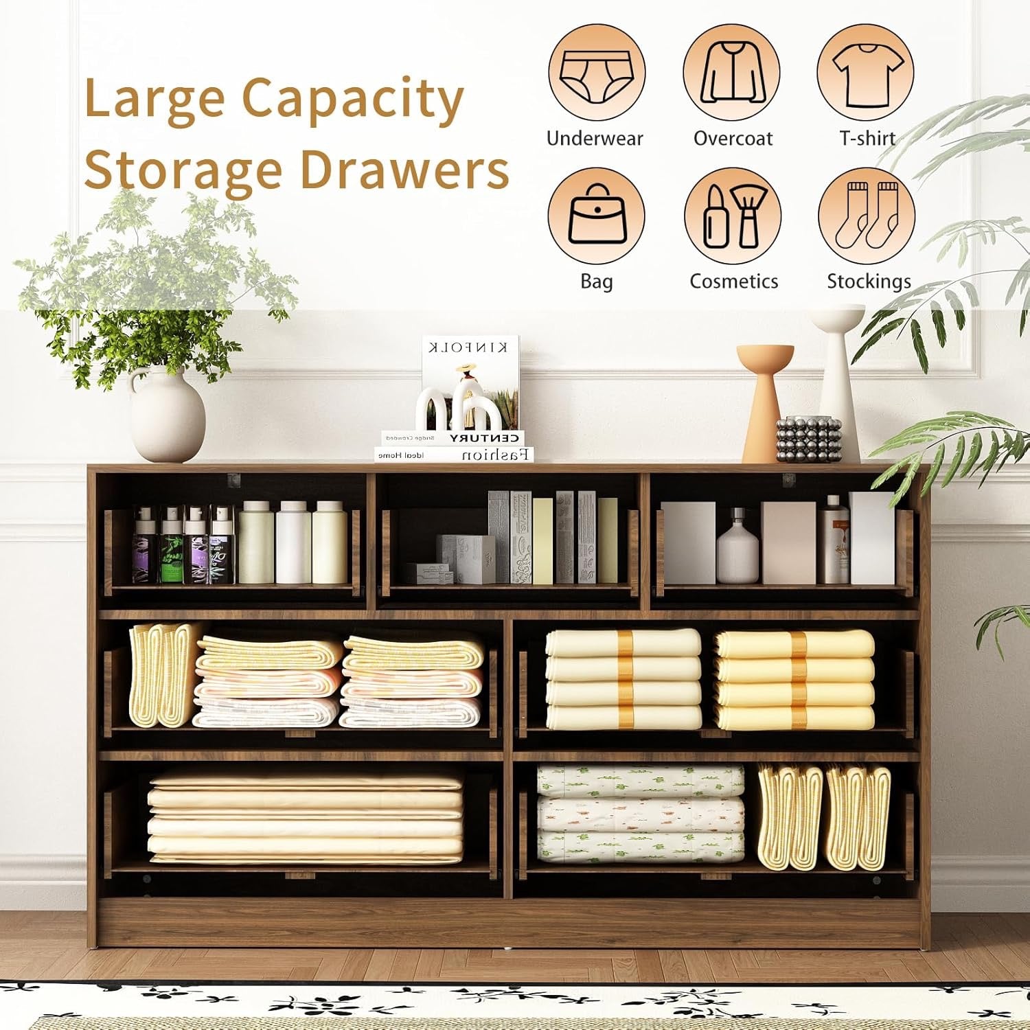 3-Piece Mid-Century Bedroom Set | 7-Drawer Dresser & Two Nightstands with Gold Handles (Natural Wood)
