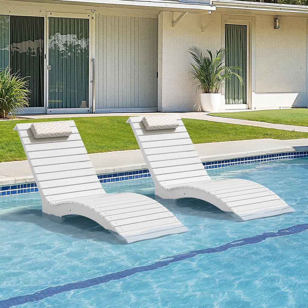 HDPS In-Pool Lounge Chairs Set of 2 | Weighted All-Weather Tanning Chaise with Headrest (White)