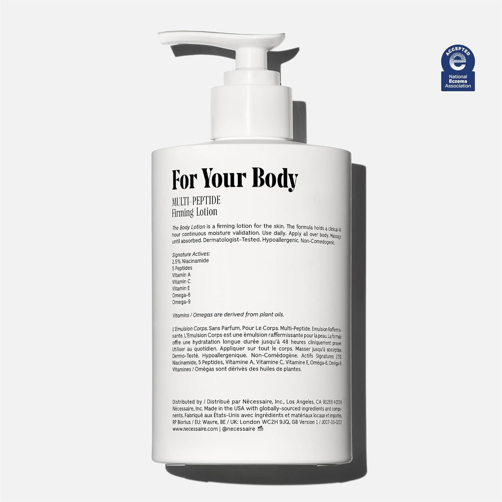 Nécessaire The Body Lotion 450mL | Fragrance-Free Multi-Peptide Firming Moisturizer with 2.5% Niacinamide