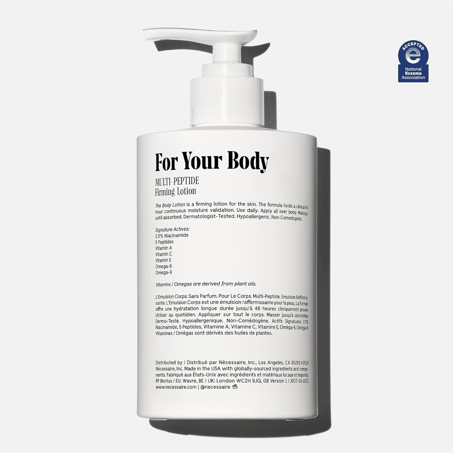 Nécessaire The Body Lotion 450mL | Fragrance-Free Multi-Peptide Firming Moisturizer with 2.5% Niacinamide
