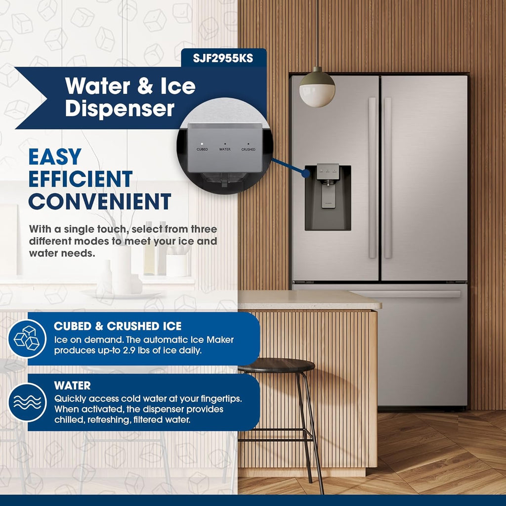 Sharp SJF2955KS 28.9 cu ft 3-Door French Door Refrigerator | Ice & Water Dispenser (Stainless Steel)
